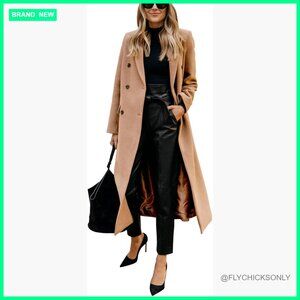 Wool Blended Long Trench Coat with Notch Lapel and Button Closure